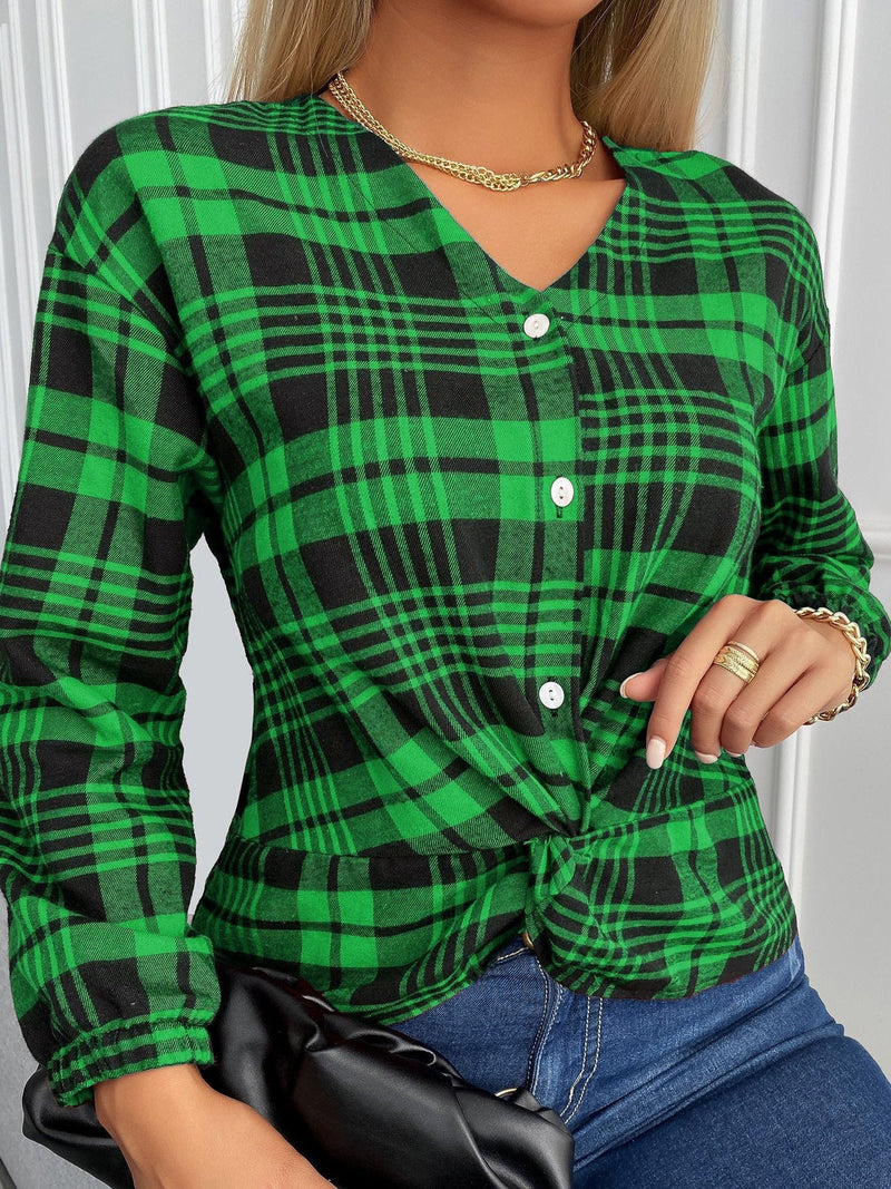 Women's Blouses Plaid V-Neck Buttons Knotted Long Sleeves Blouse - Blouses - INS | Online Fashion Free Shipping Clothing, Dresses, Tops, Shoes - 04/11/2021 - 20-30 - BLO2111041408