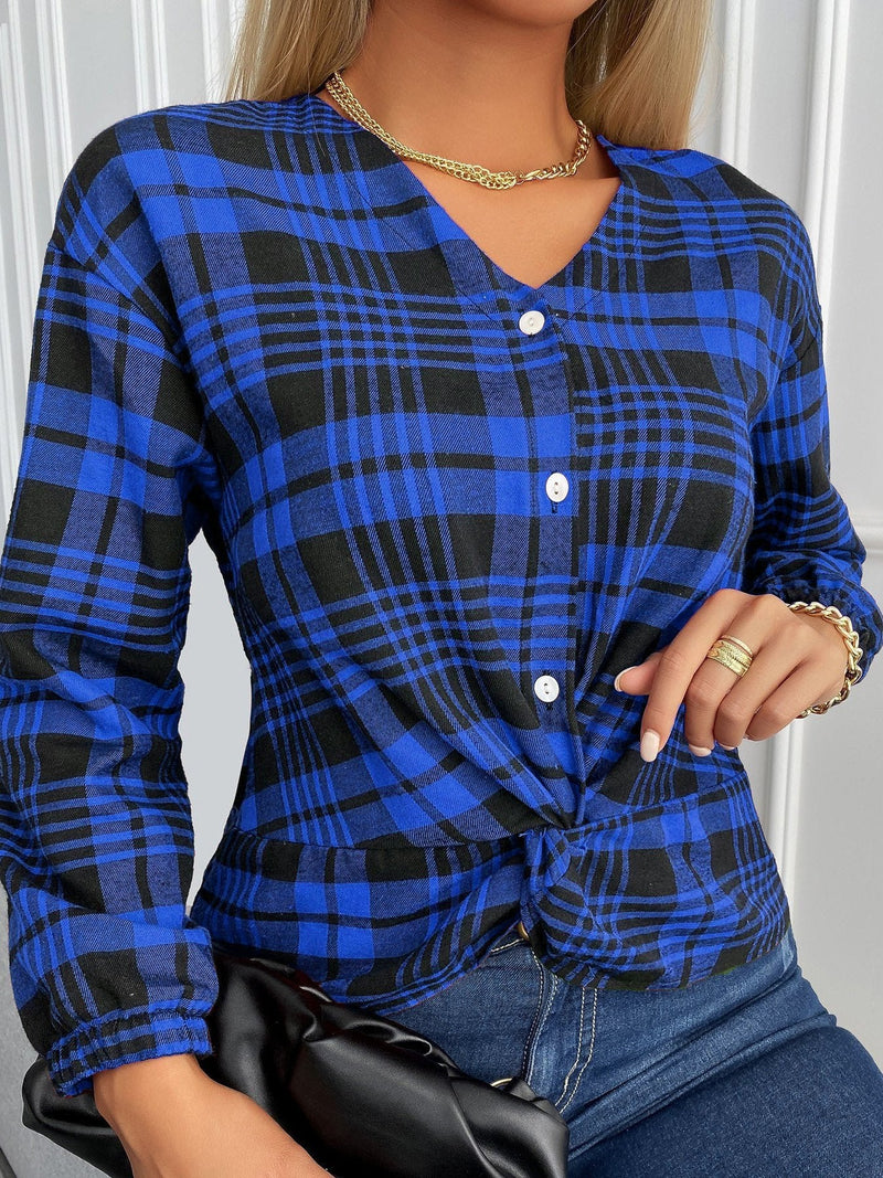 Women's Blouses Plaid V-Neck Buttons Knotted Long Sleeves Blouse - Blouses - INS | Online Fashion Free Shipping Clothing, Dresses, Tops, Shoes - 04/11/2021 - 20-30 - BLO2111041408