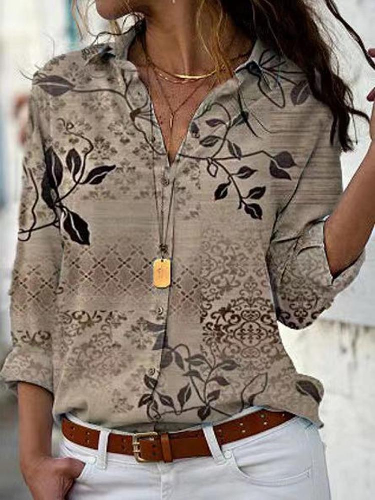 Women's Blouses Plant Print Lapel Long Sleeve Blouse - Blouses - INS | Online Fashion Free Shipping Clothing, Dresses, Tops, Shoes - 24/11/2021 - BLO2111241455 - Blouses
