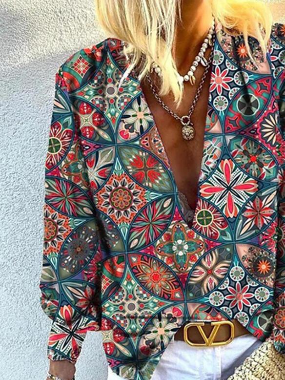 Women's Blouses Printed Deep V-Neck Long Sleeve Blouses - Blouses - INS | Online Fashion Free Shipping Clothing, Dresses, Tops, Shoes - 20-30 - 23/09/2021 - BLO2109241338