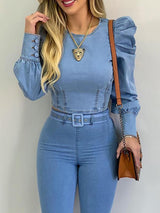 Women's Blouses Puffy Sleeve Denim Long Sleeve Crop Blouse - Blouses - INS | Online Fashion Free Shipping Clothing, Dresses, Tops, Shoes - 13/10/2021 - 20-30 - BLO2110131370