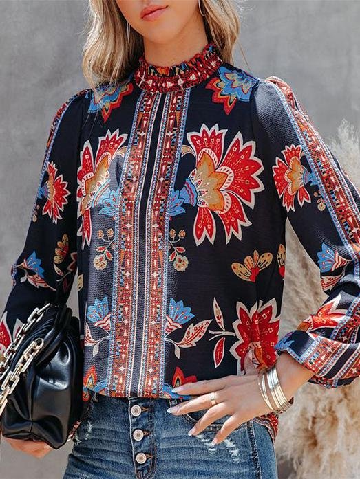 Women's Blouses Retro Print Lantern Long Sleeve Casual Blouse - Blouses - INS | Online Fashion Free Shipping Clothing, Dresses, Tops, Shoes - 09/10/2021 - BLO2110091366 - Blouses