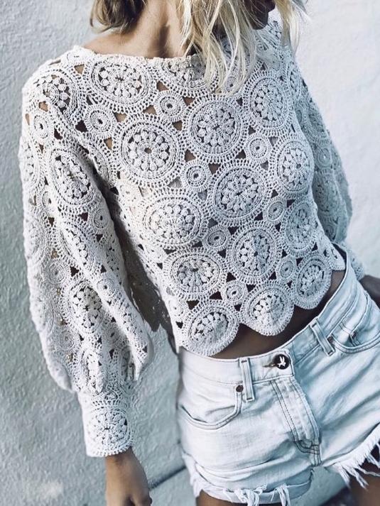 Women's Blouses Round Neck Hollow Lantern Long Sleeve Lace Blouse - Blouses - INS | Online Fashion Free Shipping Clothing, Dresses, Tops, Shoes - 29/10/2021 - 30-40 - BLO2110291395