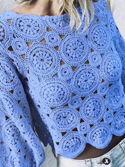 Women's Blouses Round Neck Hollow Lantern Long Sleeve Lace Blouse - Blouses - INS | Online Fashion Free Shipping Clothing, Dresses, Tops, Shoes - 29/10/2021 - 30-40 - BLO2110291395