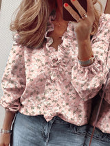 Women's Blouses Ruffle Print V-Neck Long Sleeve Blouse - Blouses - INS | Online Fashion Free Shipping Clothing, Dresses, Tops, Shoes - 10-20 - 29/10/2021 - BLO2110291397