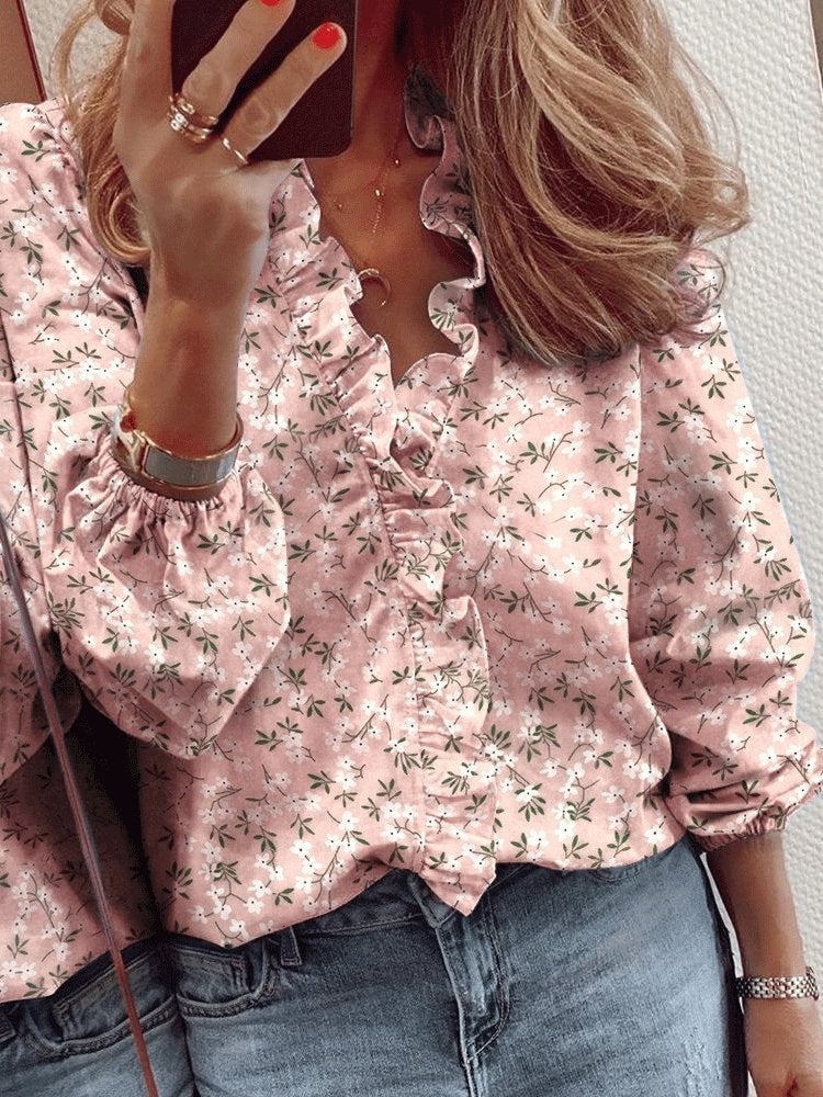 Women's Blouses Ruffle Print V-Neck Long Sleeve Blouse - Blouses - INS | Online Fashion Free Shipping Clothing, Dresses, Tops, Shoes - 10-20 - 29/10/2021 - BLO2110291397