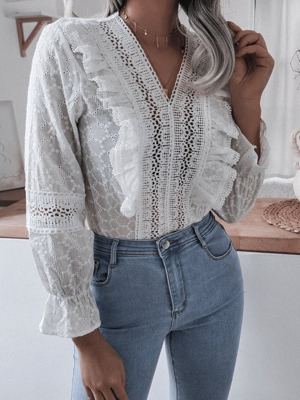 Women's Blouses Ruffled Long Sleeve Lace Blouse - Blouses - INS | Online Fashion Free Shipping Clothing, Dresses, Tops, Shoes - 20-30 - 21/10/2021 - BLO2110211376