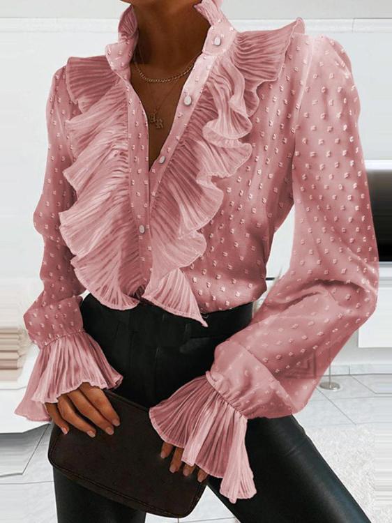 Women's Blouses Ruffled V-Neck Solid Long Sleeve Blouse - Blouses - INS | Online Fashion Free Shipping Clothing, Dresses, Tops, Shoes - 05/11/2021 - 30-40 - BLO2111051412
