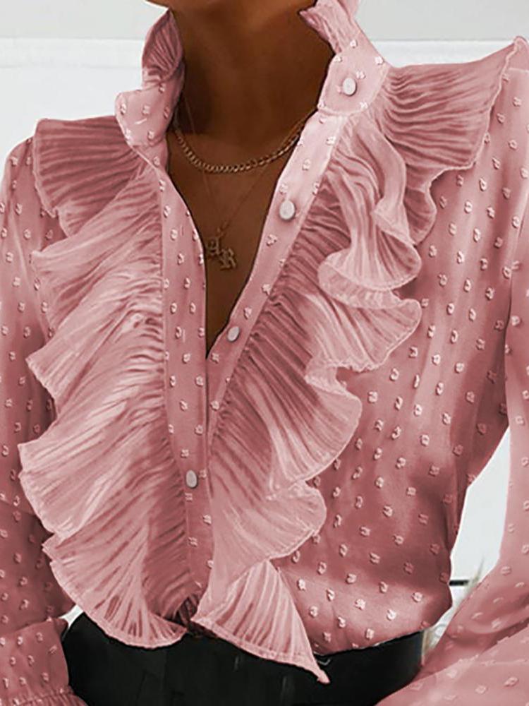 Women's Blouses Ruffled V-Neck Solid Long Sleeve Blouse - Blouses - INS | Online Fashion Free Shipping Clothing, Dresses, Tops, Shoes - 05/11/2021 - 30-40 - BLO2111051412