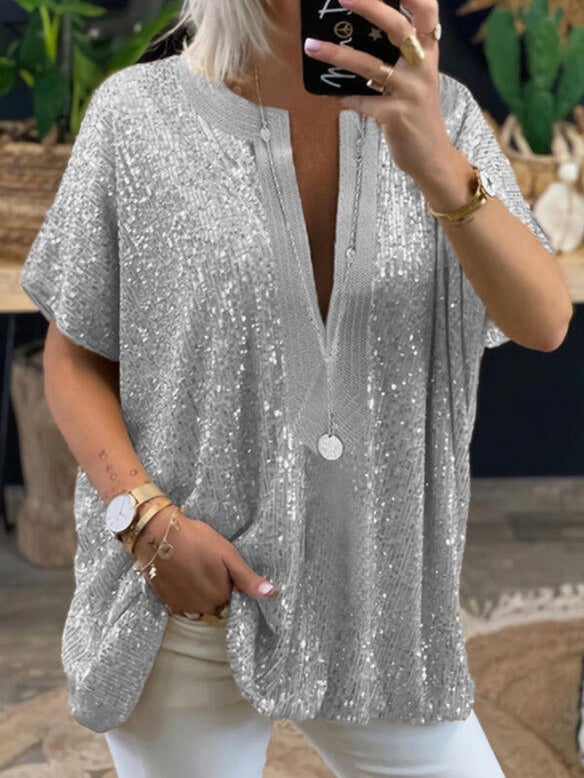 Women's Blouses Sequined V-Neck Short Sleeve Casual Blouse - Blouses - Instastyled | Online Fashion Free Shipping Clothing, Dresses, Tops, Shoes - 28/12/2021 - 40-50 - BLO2112291512