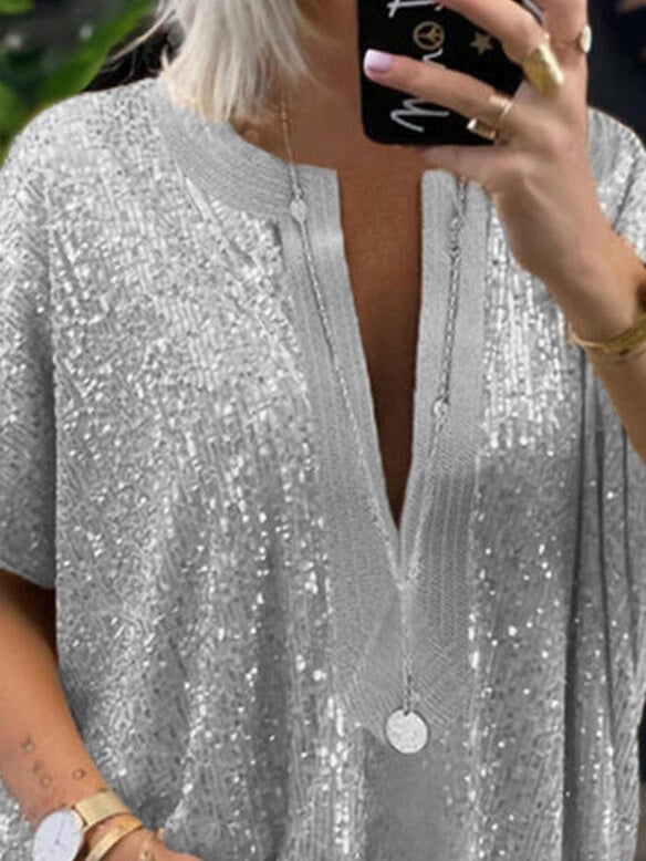 Women's Blouses Sequined V-Neck Short Sleeve Casual Blouse - Blouses - Instastyled | Online Fashion Free Shipping Clothing, Dresses, Tops, Shoes - 28/12/2021 - 40-50 - BLO2112291512