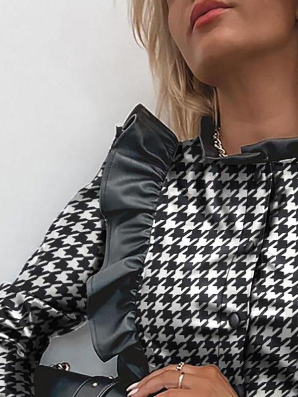 Women's Blouses Single-Breasted Houndstooth Long Sleeve Leather Blouse - Blouses - INS | Online Fashion Free Shipping Clothing, Dresses, Tops, Shoes - 16/11/2021 - 20-30 - BLO2111161435