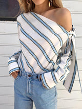 Women's Blouses Slanted Shoulder Strap Striped Long Sleeve Blouse - Blouses - INS | Online Fashion Free Shipping Clothing, Dresses, Tops, Shoes - 10-20 - 23/10/2021 - BLO2110231387