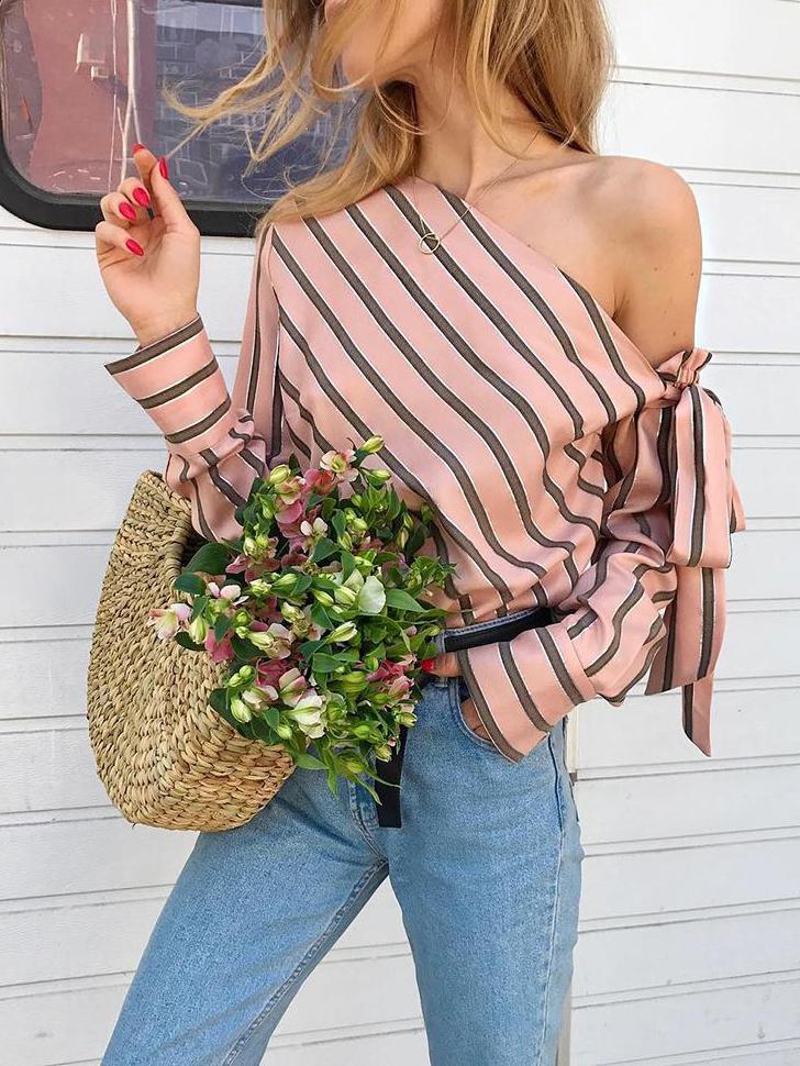 Women's Blouses Slanted Shoulder Strap Striped Long Sleeve Blouse - Blouses - INS | Online Fashion Free Shipping Clothing, Dresses, Tops, Shoes - 10-20 - 23/10/2021 - BLO2110231387