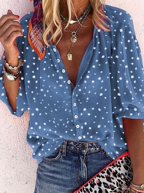 Women's Blouses Snowflake Print V-Neck Button 3/4 Sleeve Blouse - Blouses - INS | Online Fashion Free Shipping Clothing, Dresses, Tops, Shoes - 03/11/2021 - 10-20 - BLO2111031405