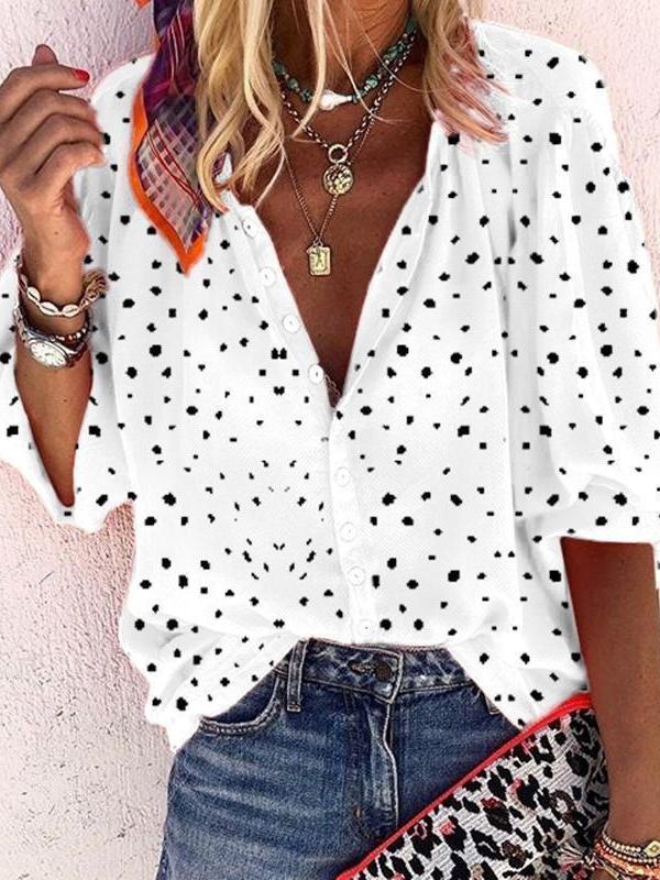 Women's Blouses Snowflake Print V-Neck Button 3/4 Sleeve Blouse - Blouses - INS | Online Fashion Free Shipping Clothing, Dresses, Tops, Shoes - 03/11/2021 - 10-20 - BLO2111031405