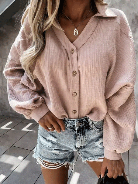 Women's Blouses Solid V-Neck Button Lantern Sleeve Blouse - Blouses - INS | Online Fashion Free Shipping Clothing, Dresses, Tops, Shoes - 20-30 - 21/10/2021 - BLO2110211374