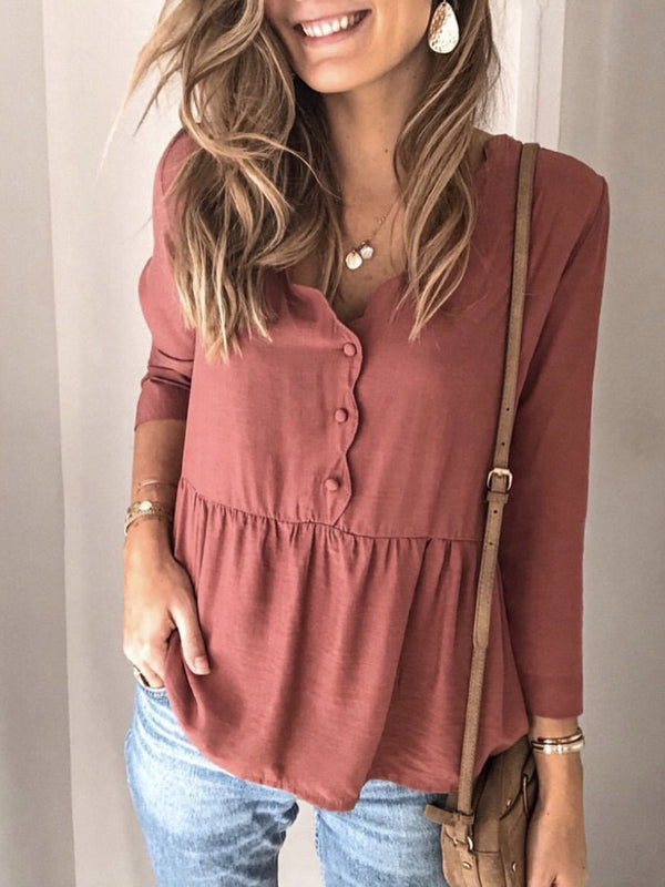 Women's Blouses Solid V-Neck Button Long Sleeve Blouse - Blouses - INS | Online Fashion Free Shipping Clothing, Dresses, Tops, Shoes - 10-20 - 12/11/2021 - BLO2111121427