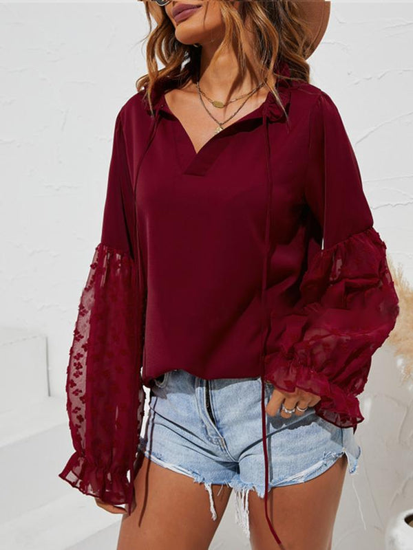 Women's Blouses Solid V-Neck Jacquard Long Sleeve Blouse - Blouses - INS | Online Fashion Free Shipping Clothing, Dresses, Tops, Shoes - 06/11/2021 - 20-30 - BLO2111061416