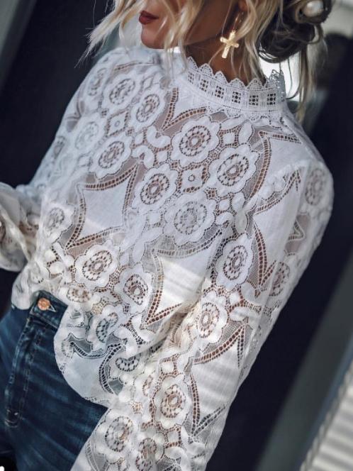 Women's Blouses Stand Collar Hollow Lace Long Sleeve Blouse - Blouses - INS | Online Fashion Free Shipping Clothing, Dresses, Tops, Shoes - 1/11/2021 - 20-30 - BLO2111011401