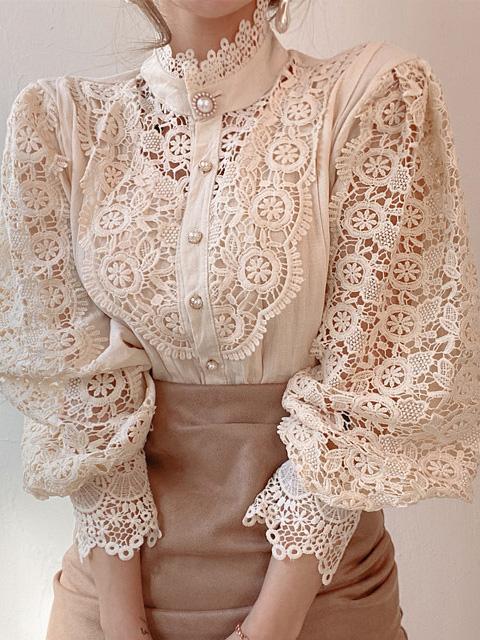 Women's Blouses Stand Collar Hollow Lace Pearl Button Blouses - Blouses - INS | Online Fashion Free Shipping Clothing, Dresses, Tops, Shoes - 24/08/2021 - 30-40 - BLO2108251320