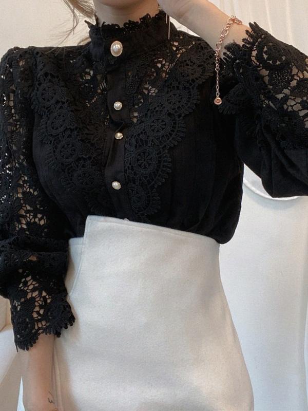 Women's Blouses Stand Collar Hollow Lace Pearl Button Blouses - Blouses - INS | Online Fashion Free Shipping Clothing, Dresses, Tops, Shoes - 24/08/2021 - 30-40 - BLO2108251320