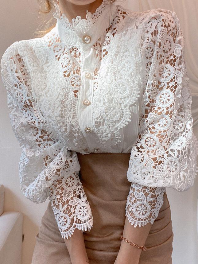 Women's Blouses Stand Collar Hollow Lace Pearl Button Blouses - Blouses - INS | Online Fashion Free Shipping Clothing, Dresses, Tops, Shoes - 24/08/2021 - 30-40 - BLO2108251320