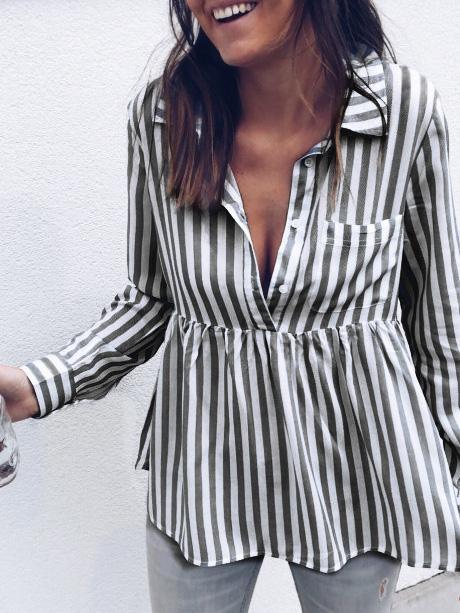 Women's Blouses Striped Button Pocket Long Sleeve Blouse - Blouses - INS | Online Fashion Free Shipping Clothing, Dresses, Tops, Shoes - 10-20 - 19/11/2021 - BLO2111191444