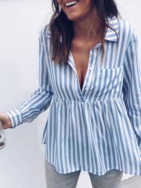 Women's Blouses Striped Button Pocket Long Sleeve Blouse - Blouses - INS | Online Fashion Free Shipping Clothing, Dresses, Tops, Shoes - 10-20 - 19/11/2021 - BLO2111191444