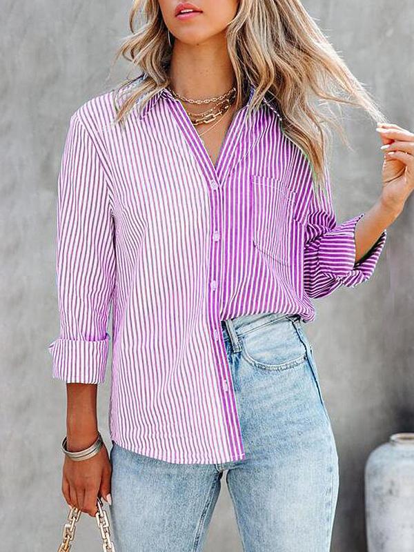 Women's Blouses Striped Contrast Single-Breasted Long Sleeve Blouse - Blouses - INS | Online Fashion Free Shipping Clothing, Dresses, Tops, Shoes - 12/11/2021 - 30-40 - BLO2111121428