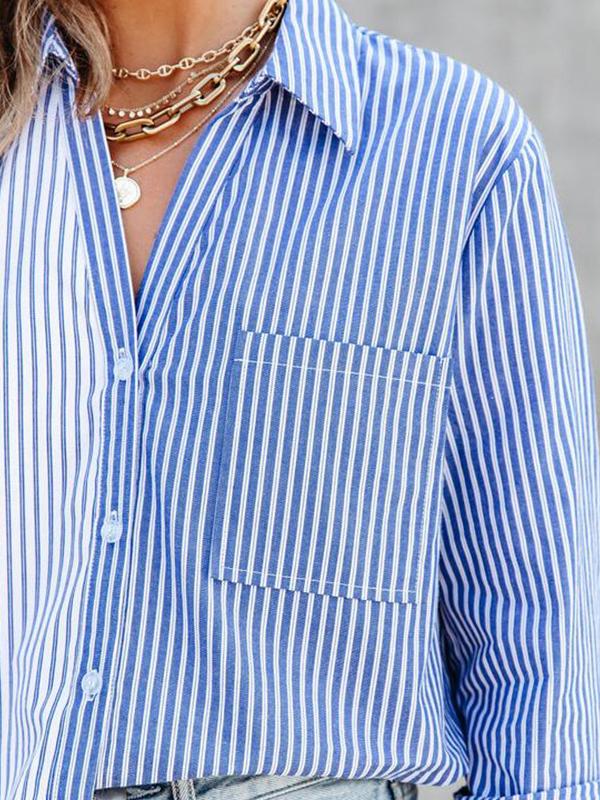 Women's Blouses Striped Contrast Single-Breasted Long Sleeve Blouse - Blouses - INS | Online Fashion Free Shipping Clothing, Dresses, Tops, Shoes - 12/11/2021 - 30-40 - BLO2111121428