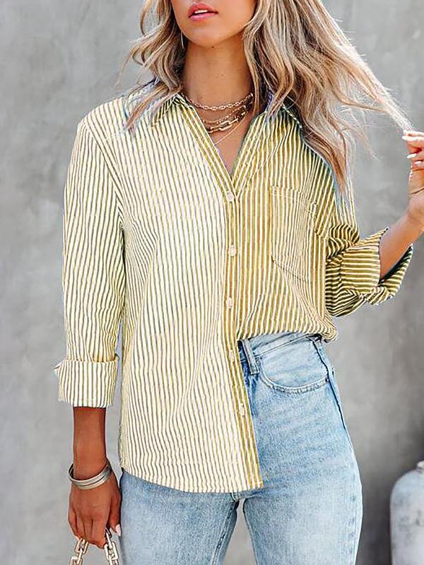 Women's Blouses Striped Contrast Single-Breasted Long Sleeve Blouse - Blouses - INS | Online Fashion Free Shipping Clothing, Dresses, Tops, Shoes - 12/11/2021 - 30-40 - BLO2111121428