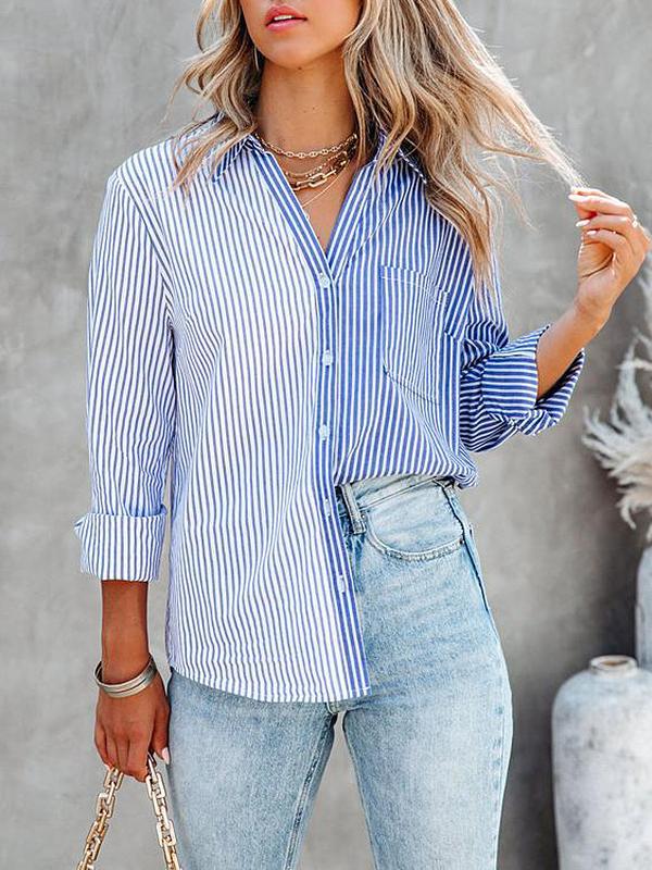 Women's Blouses Striped Contrast Single-Breasted Long Sleeve Blouse - Blouses - INS | Online Fashion Free Shipping Clothing, Dresses, Tops, Shoes - 12/11/2021 - 30-40 - BLO2111121428