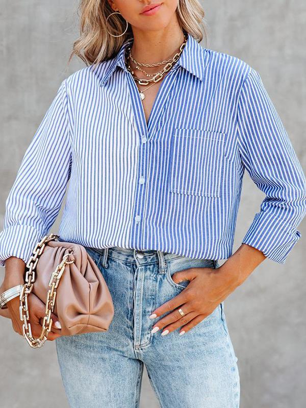 Women's Blouses Striped Contrast Single-Breasted Long Sleeve Blouse - Blouses - INS | Online Fashion Free Shipping Clothing, Dresses, Tops, Shoes - 12/11/2021 - 30-40 - BLO2111121428