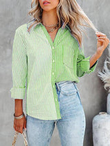 Women's Blouses Striped Contrast Single-Breasted Long Sleeve Blouse - Blouses - INS | Online Fashion Free Shipping Clothing, Dresses, Tops, Shoes - 12/11/2021 - 30-40 - BLO2111121428