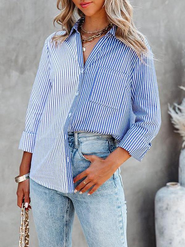 Women's Blouses Striped Contrast Single-Breasted Long Sleeve Blouse - Blouses - INS | Online Fashion Free Shipping Clothing, Dresses, Tops, Shoes - 12/11/2021 - 30-40 - BLO2111121428