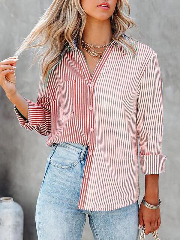 Women's Blouses Striped Contrast Single-Breasted Long Sleeve Blouse - Blouses - INS | Online Fashion Free Shipping Clothing, Dresses, Tops, Shoes - 12/11/2021 - 30-40 - BLO2111121428