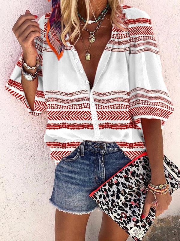 Women's Blouses Striped Print Button Middle Sleeve Blouse - Blouses - INS | Online Fashion Free Shipping Clothing, Dresses, Tops, Shoes - 20-30 - 26/09/2021 - BLO2109261345