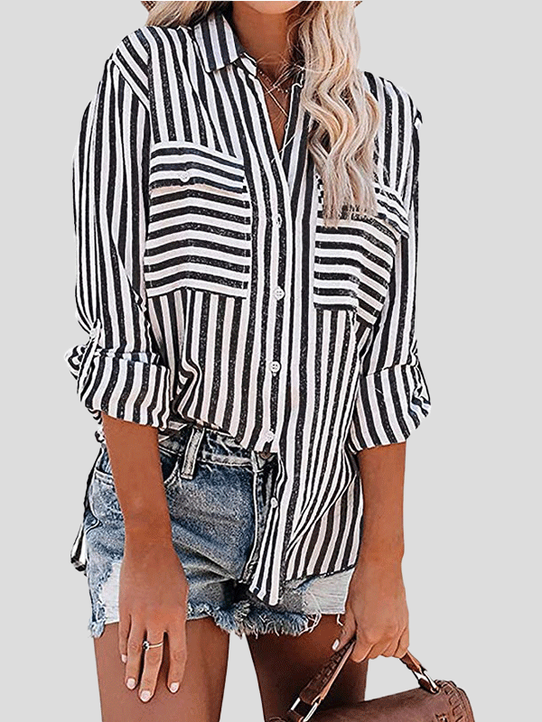 Women's Blouses Striped Single-Breasted Long Sleeve Blouse - Blouses - Instastyled | Online Fashion Free Shipping Clothing, Dresses, Tops, Shoes - 21/12/2021 - 30-40 - BLO2112221495