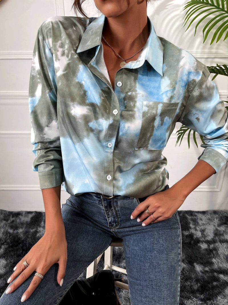 Women's Blouses Tie-Dye Printed Lapel Pocket Long Sleeve Blouse - Blouses - Instastyled | Online Fashion Free Shipping Clothing, Dresses, Tops, Shoes - 24/12/2021 - 30-40 - BLO2112241507