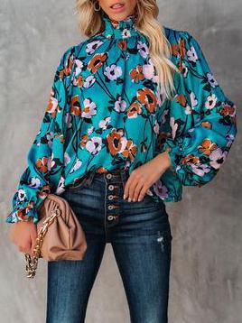 Women's Blouses Turtleneck Flower Pullover Lantern Long Sleeve Blouse - Blouses - INS | Online Fashion Free Shipping Clothing, Dresses, Tops, Shoes - 23/11/2021 - 30-40 - BLO2111231453