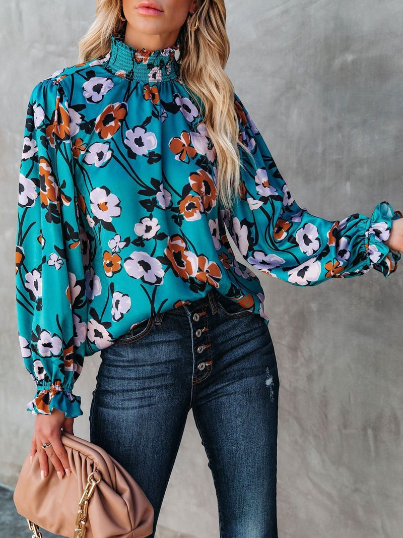 Women's Blouses Turtleneck Flower Pullover Lantern Long Sleeve Blouse - Blouses - INS | Online Fashion Free Shipping Clothing, Dresses, Tops, Shoes - 23/11/2021 - 30-40 - BLO2111231453