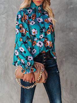 Women's Blouses Turtleneck Flower Pullover Lantern Long Sleeve Blouse - Blouses - INS | Online Fashion Free Shipping Clothing, Dresses, Tops, Shoes - 23/11/2021 - 30-40 - BLO2111231453