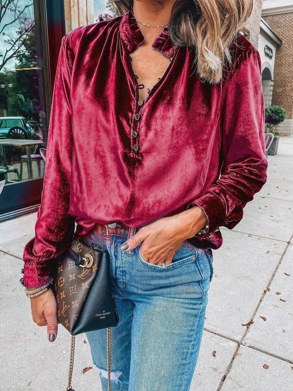 Women's Blouses V-Neck Button Gold Velvet Long Sleeve Blouse - Blouses - Instastyled | Online Fashion Free Shipping Clothing, Dresses, Tops, Shoes - 06/12/2021 - 30-40 - BLO2112061466