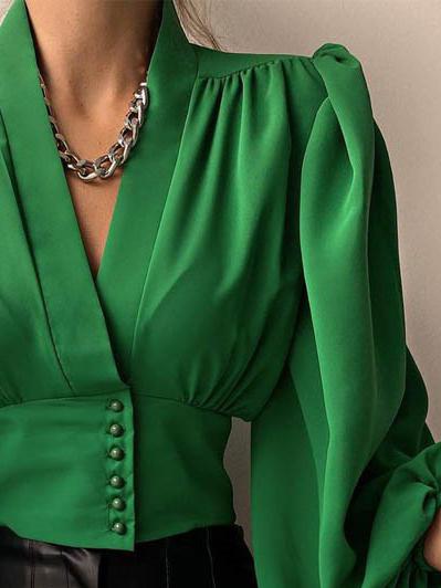 Women's Blouses V-Neck Button Lantern Long Sleeve Blouse - Blouses - INS | Online Fashion Free Shipping Clothing, Dresses, Tops, Shoes - 15/11/2021 - BLO2111151432 - Blouses