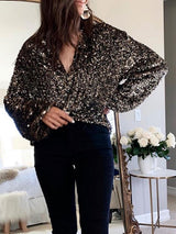 Women's Blouses V-Neck Cardigan Long Sleeve Sequins Blouse - Blouses - INS | Online Fashion Free Shipping Clothing, Dresses, Tops, Shoes - 29/10/2021 - 30-40 - BLO2110291396