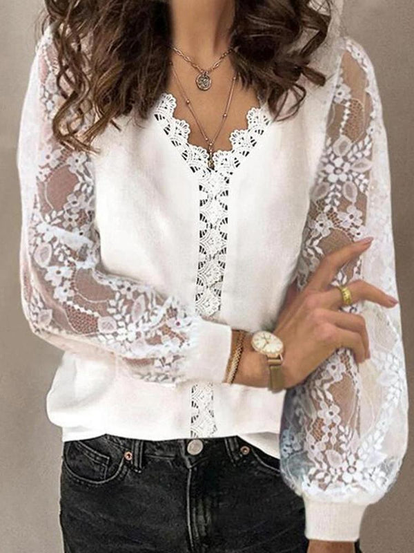 Women's Blouses V-Neck Hollow Lace Long Sleeves Blouse - Blouses - INS | Online Fashion Free Shipping Clothing, Dresses, Tops, Shoes - 1/11/2021 - 20-30 - BLO2111011400