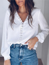 Women's Blouses V-Neck Lace Buttons Long Sleeves Blouse - Blouses - Instastyled | Online Fashion Free Shipping Clothing, Dresses, Tops, Shoes - 06/12/2021 - 20-30 - BLO2112061467