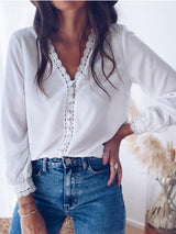 Women's Blouses V-Neck Lace Buttons Long Sleeves Blouse - Blouses - Instastyled | Online Fashion Free Shipping Clothing, Dresses, Tops, Shoes - 06/12/2021 - 20-30 - BLO2112061467