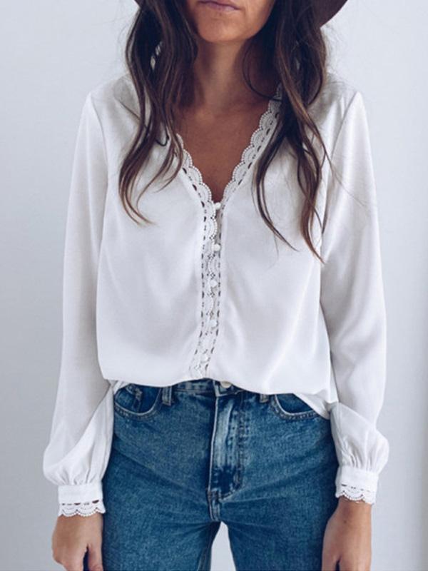 Women's Blouses V-Neck Lace Buttons Long Sleeves Blouse - Blouses - Instastyled | Online Fashion Free Shipping Clothing, Dresses, Tops, Shoes - 06/12/2021 - 20-30 - BLO2112061467